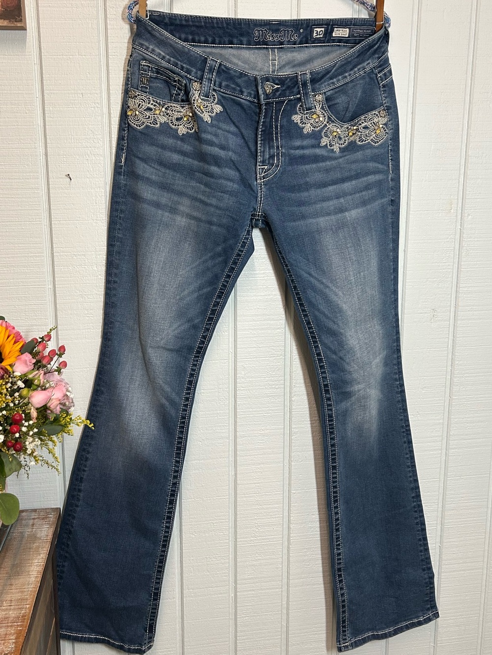 Miss Me Medium Blue Embroidered Flare Jeans
